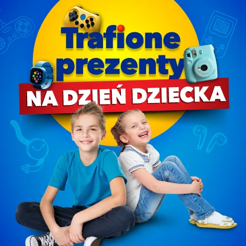 Trafione prezenty na Dzień Dziecka – uśmiechnięty chłopiec i dziewczynka na tle kolorowej grafiki z napisem promocyjnym oraz ilustracjami zegarka, aparatu Instax, kontrolera do gier i słuchawek