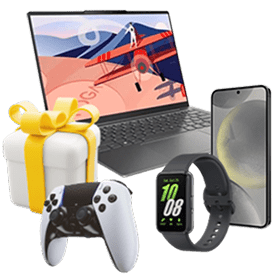 Zestaw produktów elektronicznych na prezent: laptop, smartfon, smartwatch, kontroler do konsoli oraz pudełko prezentowe z żółtą kokardą na niebieskim tle