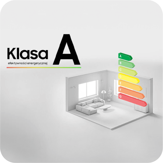 Klasa efektywności energetycznej A z wskaźnikiem zużycia energii.