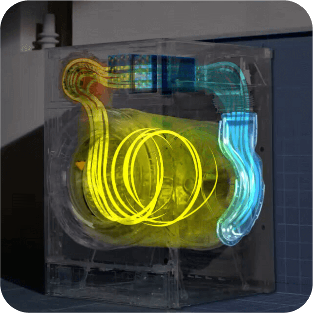 Wewnętrzne komponenty pralki z naciskiem na przepływ powietrza.