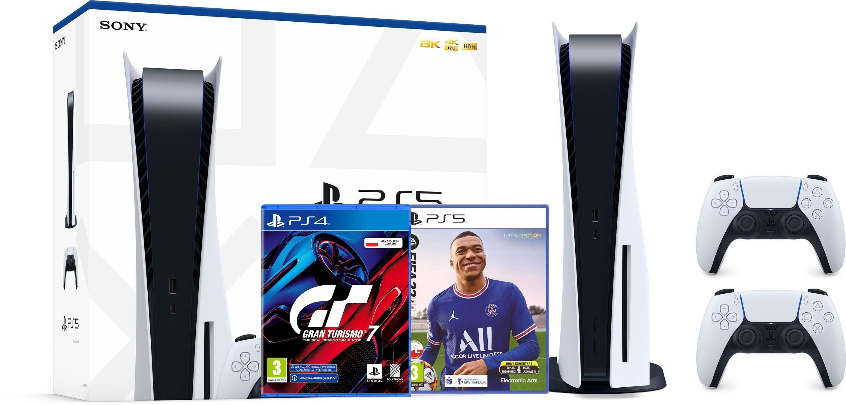 Konsola Sony PlayStation 5 (PS5) z napędem - Gran Turismo 7 - FIFA 22 - dodatkowy pad (biały)