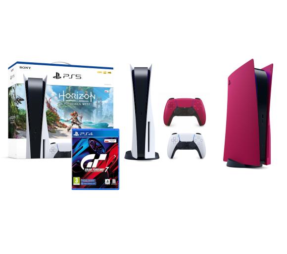 konsola PS5 Sony PlayStation 5 (PS5) + Horizon Forbidden West + Gran Turismo 7 + DualSense (czerwony) + Cover Plate (cosmic red)