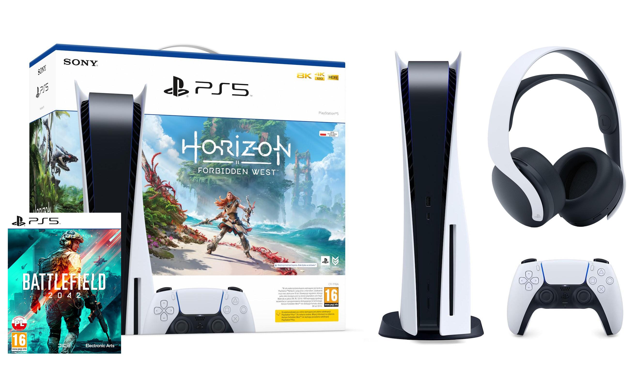 Konsola Sony PlayStation 5 (PS5) z napędem - Horizon Forbidden West - Battlefield 2042 - słuchawki PULSE 3D (biały)