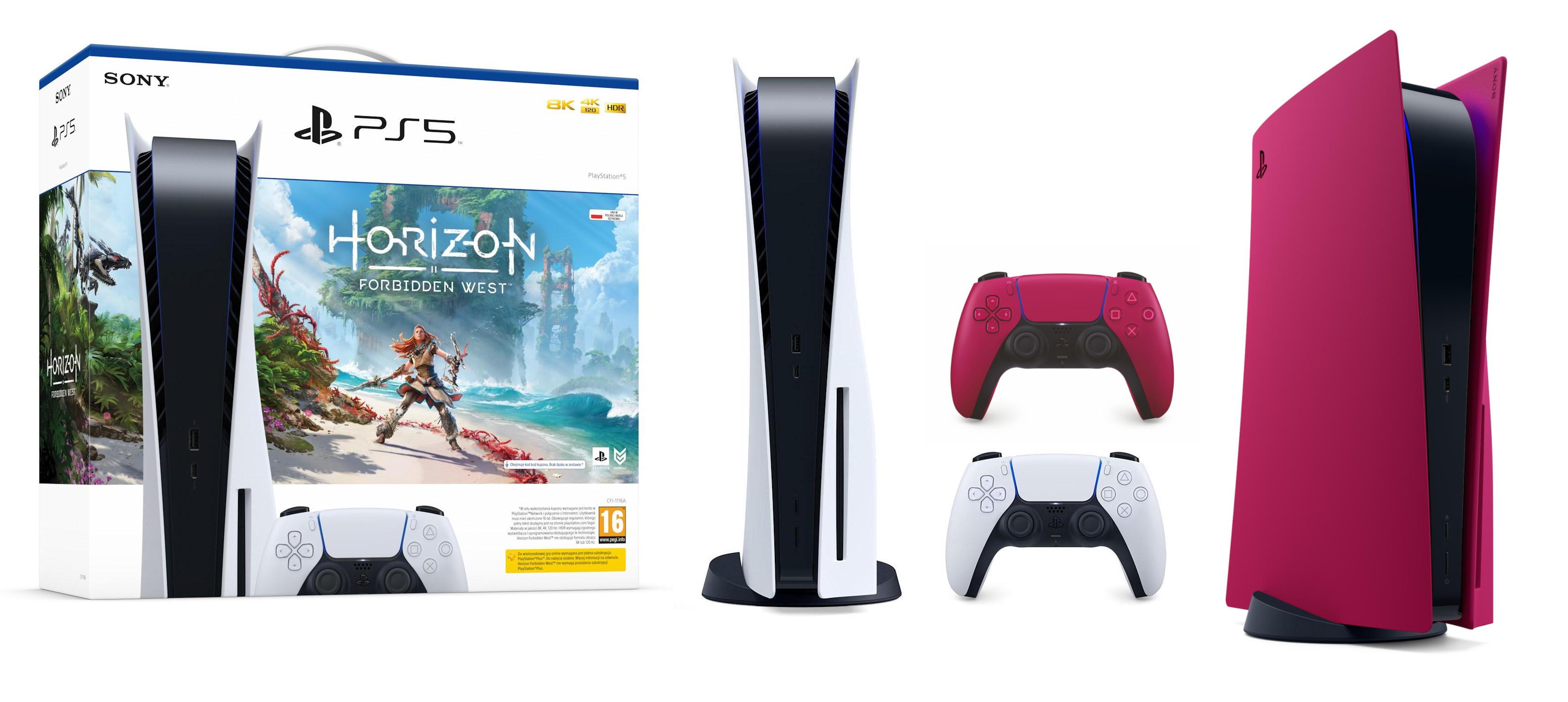 Konsola Sony PlayStation 5 (PS5) z napędem - Horizon Forbidden West - Cover Plate (cosmic red) - dodatkowy pad (czerwony)