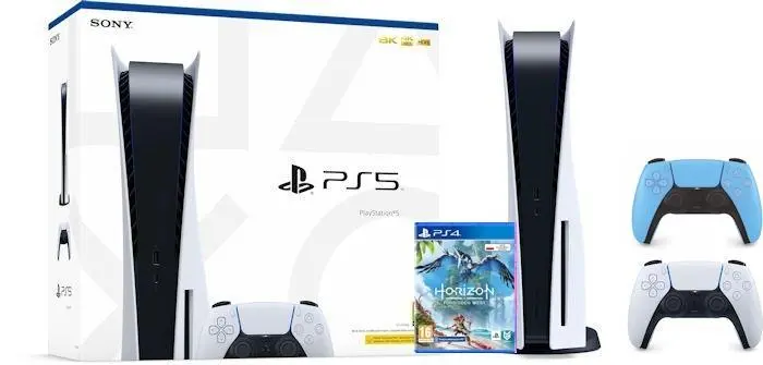 Konsola Sony PlayStation 5 (PS5) z napędem + Horizon Forbidden West + Dodatkowy Pad Niebieski