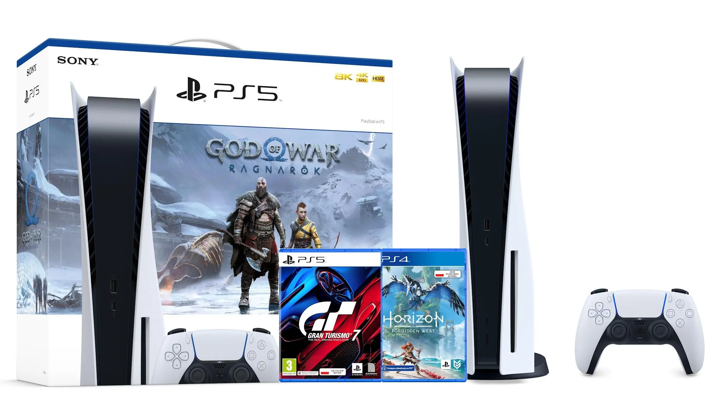 Konsola Sony PlayStation 5 (PS5) z napędem + God of War Ragnarok + Horizon Forbidden West + Gran Turismo 7