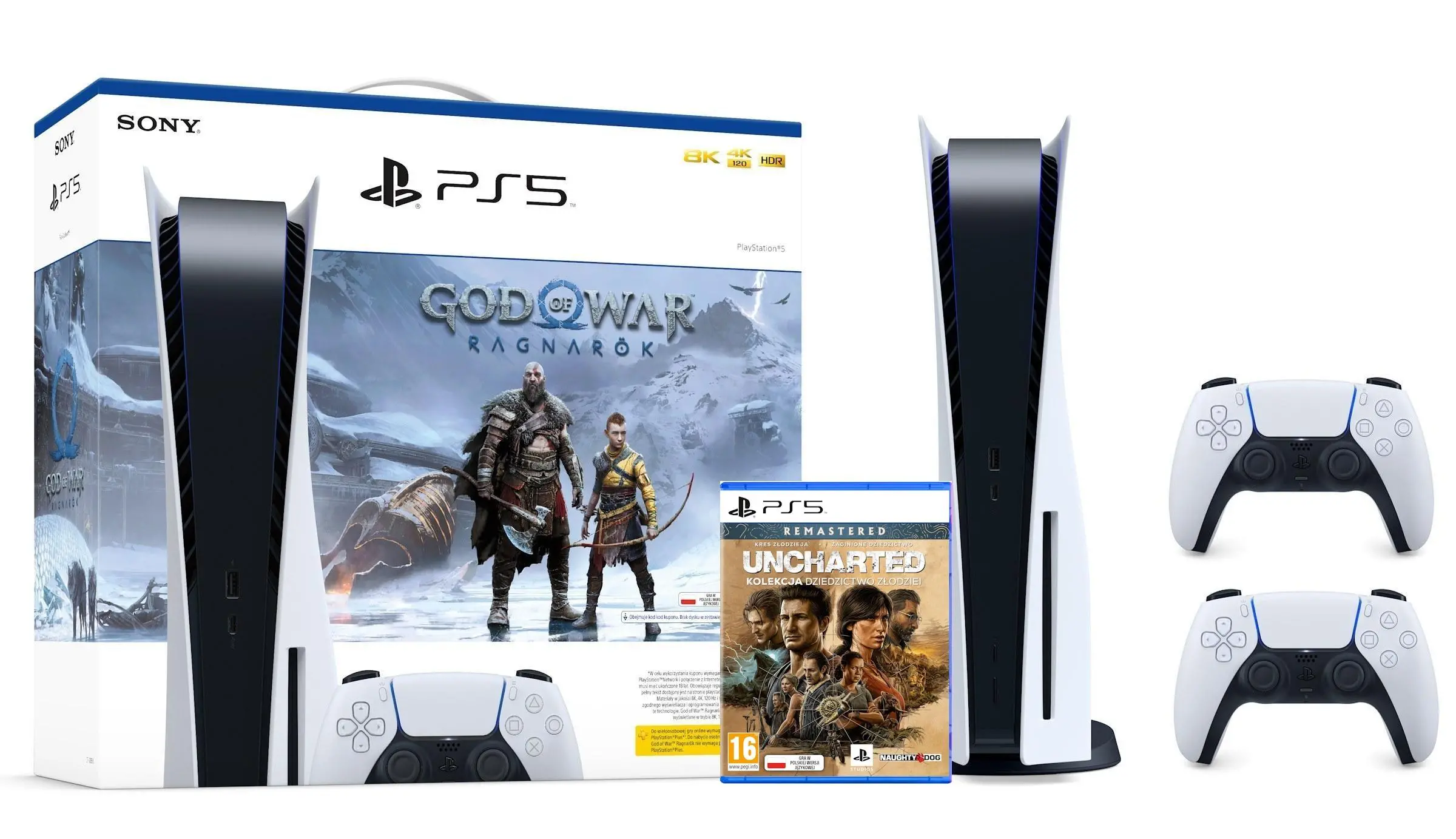 Konsola Sony PlayStation 5 (PS5) z napędem + Dodatkowy Pad Biały + God of War Ragnarok + Uncharted Kolekcja