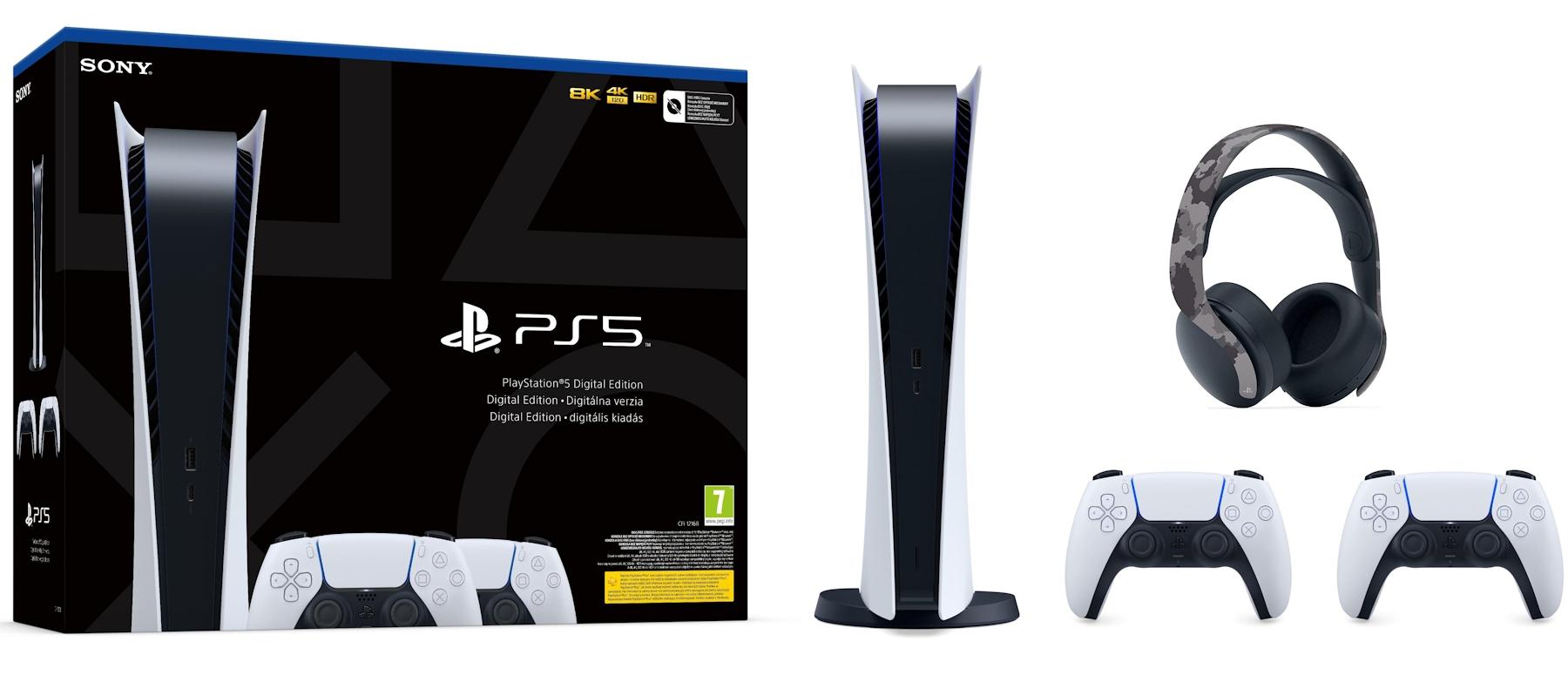 Konsola Sony PlayStation 5 Digital (PS5) + dodatkowy pad (biały) + słuchawki  PULSE 3D (szary kamuflaż)