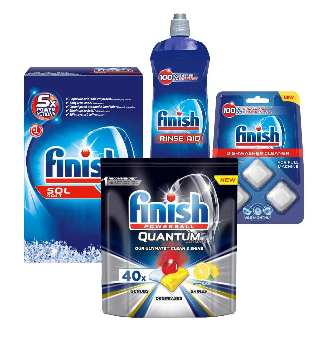 Zestaw startowy do zmywarki Finish Quantum Ultimate Cytrynowy 40szt. + sól 1,5kg + nabłyszczacz 800ml + tabletki do czyszczenia 3szt.