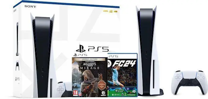 Konsola Sony PlayStation 5 (PS5) z napędem + EA SPORTS FC 24 + Assassin’s Creed Mirage