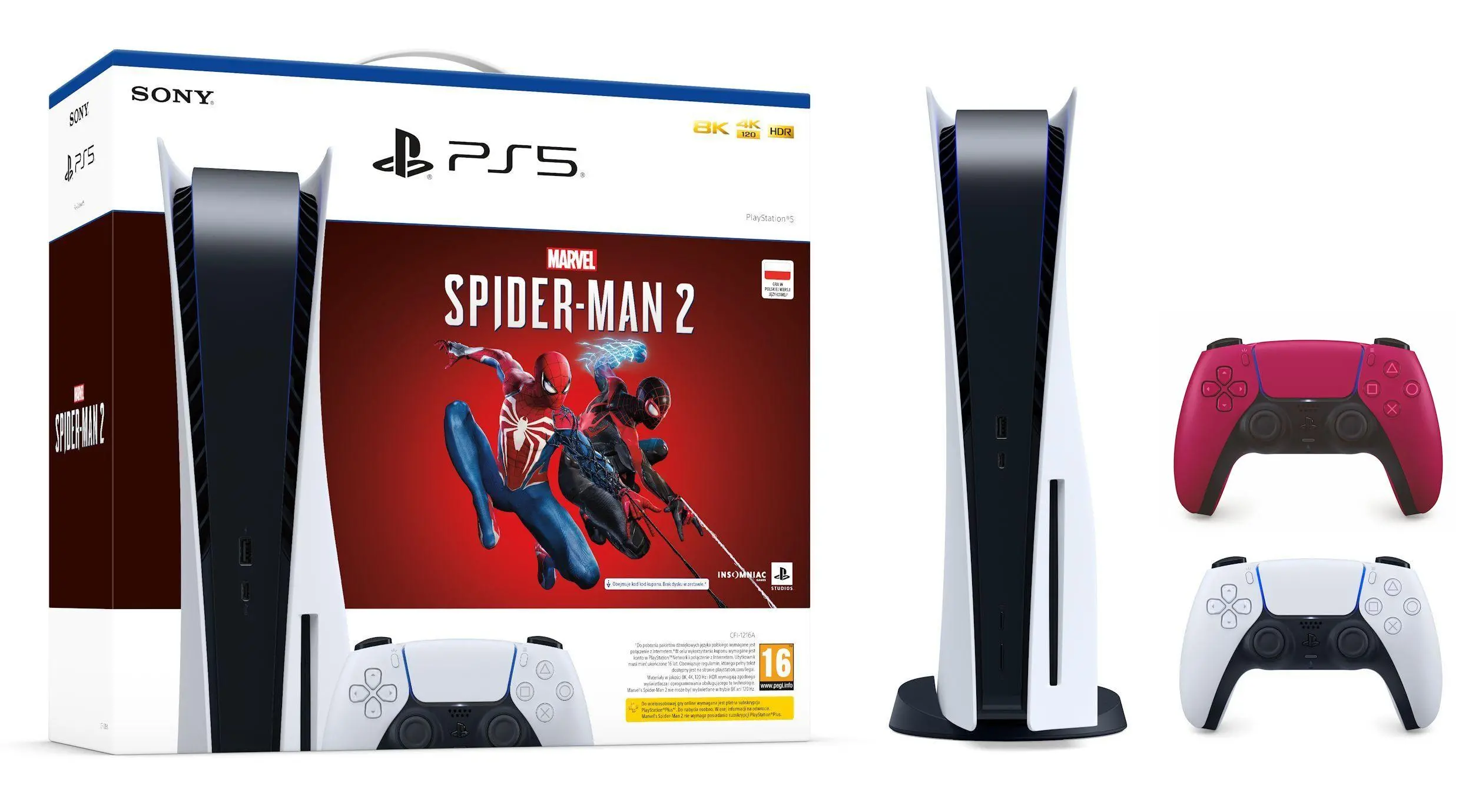 Konsola Sony PlayStation 5 (PS5) z napędem + Dodatkowy Pad Czerwony + Marvel’s Spider-Man 2