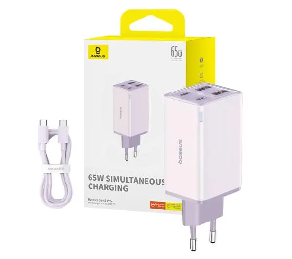 Baseus GaN6 Pro 2xUSB-C + 2xUSB 65W Fioletowy