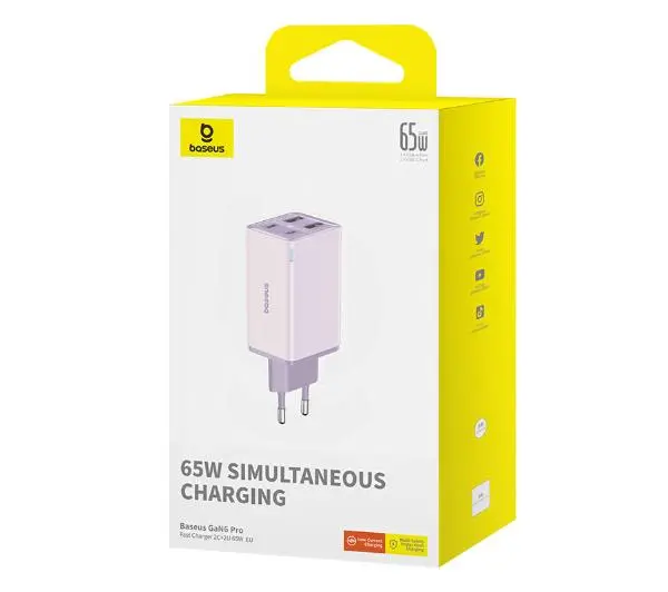 Baseus GaN6 Pro 2xUSB-C + 2xUSB 65W Fioletowy