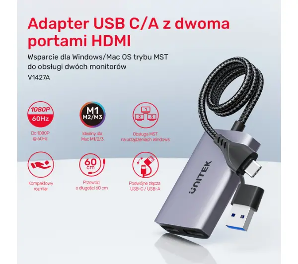 Unitek V1427A01 USB/C/A na 2x HDMI