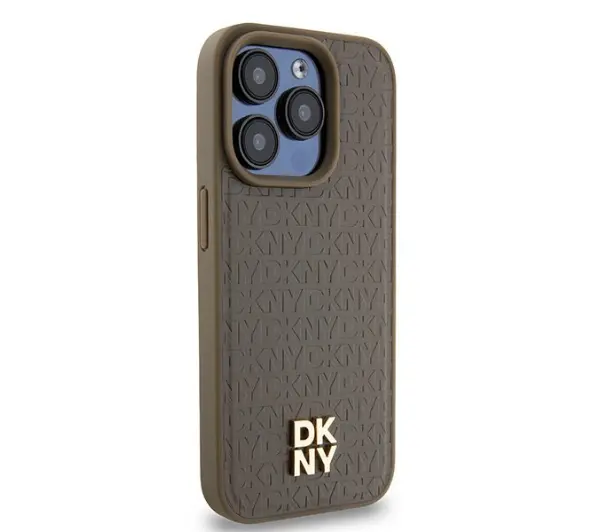 DKNY Leather Pattern Metal Logo MagSafe do iPhone 14 Pro Max Brązowy