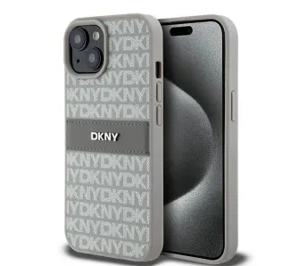 Etui DKNY Hardcase Leather Mono Stripe & Metal Logo do iPhone 15 Plus Beżowy