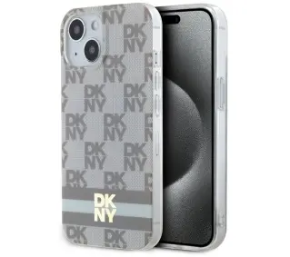 DKNY IML Checkered Mono Pattern & Printed Stripes MagSafe do iPhone 15 Plus Beżowy