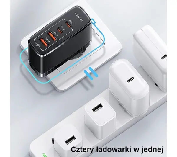 USAMS T44 2xUSB-C+2xUSB 100W PD3.0 Czarny