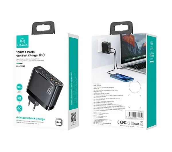 USAMS T44 2xUSB-C+2xUSB 100W PD3.0 Czarny
