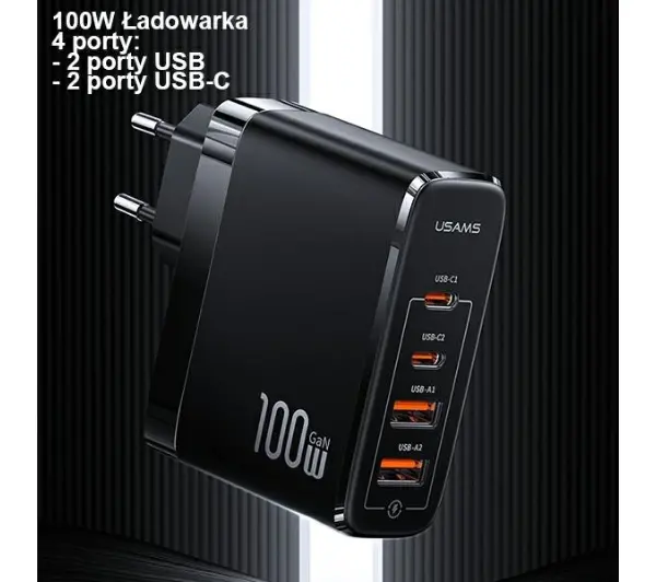 USAMS T44 2xUSB-C+2xUSB 100W PD3.0 Czarny