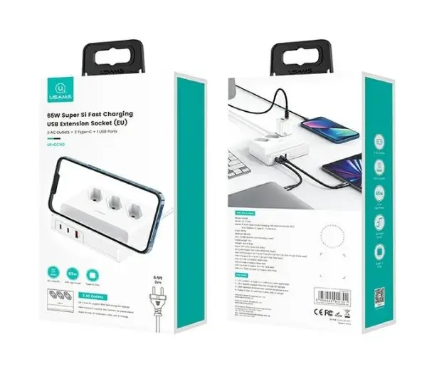 USAMS CC160TC01 3 gniazda 2xUSB-C USB-A 65W 2m Biały