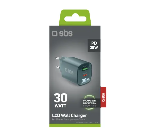 SBS LCD GaN PD30W USB-C USB-A Niebieski