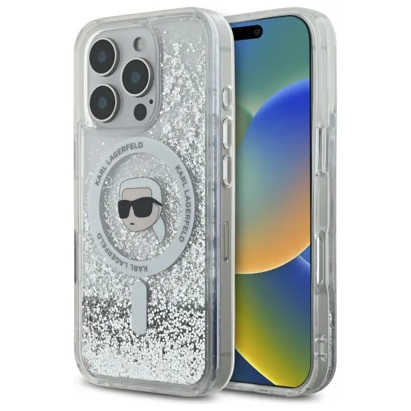 Etui Karl Lagerfeld Liquid Glitter Karl Head MagSafe do iPhone 16 Pro Przezroczysty