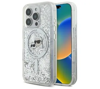 Ramka Karl Lagerfeld Liquid Glitter Karl&Choupette Head MagSafe do iPhone 16 Pro Przezroczysty