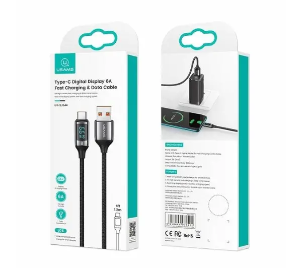 USAMS USB do USB-C LED 6A Fast Charging 1,2m Biały