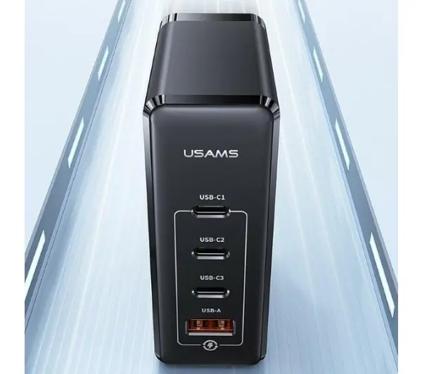USAMS 3xUSB-C+1xUSB GaN 100W PD Fast Charging Czarny