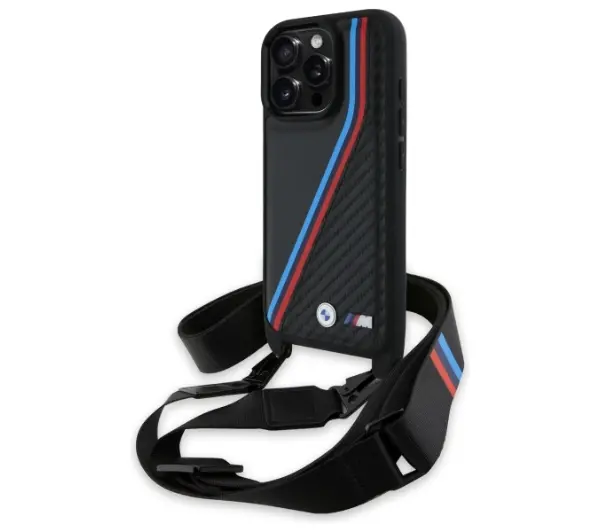 Etui BMW HardCase M Edition Carbon Tricolor Lines & Strap do Apple iPhone 16 Pro Max Czarny
