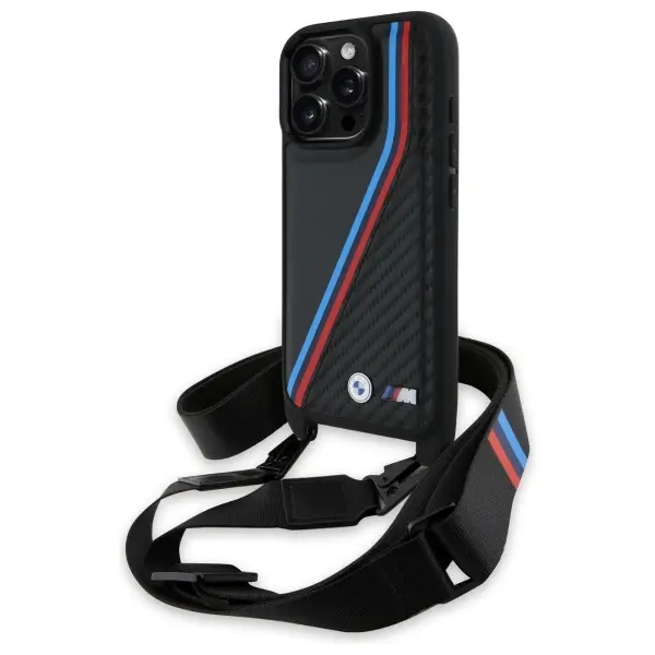 Etui BMW M Edition Carbon Tricolor Lines & Strap do iPhone 16 Pro Max Czarny