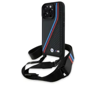 Etui BMW M Edition Carbon Tricolor Lines & Strap do iPhone 16 Pro Max Czarny