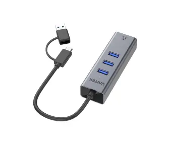 Hub USB Unitek Y-3088B 4w1 Ethernet 3 x USB A 5 Gbps USB-C z adapterem USB A Szary