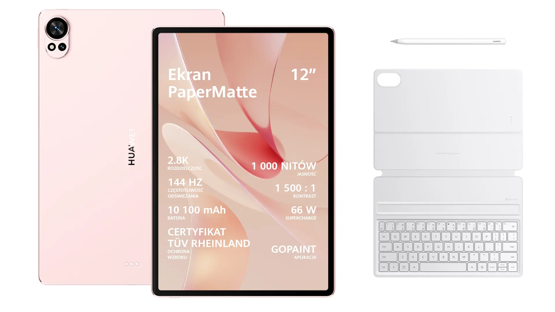Tablet Huawei MatePad PaperMatte Edition 12X 12" 12/256GB Wi-Fi Różowy + Rysik M-Pencil + klawiatura Biały