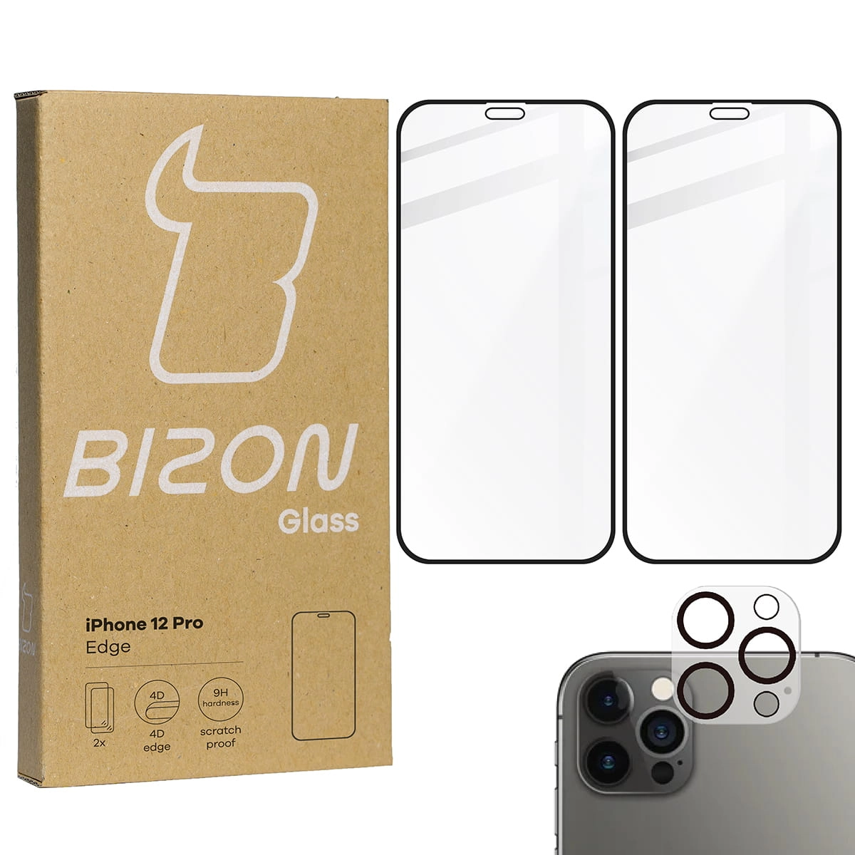 Zestaw ochronny Bizon 2x szkło hartowane + ochrona na obiektyw iPhone 12 Pro czarne