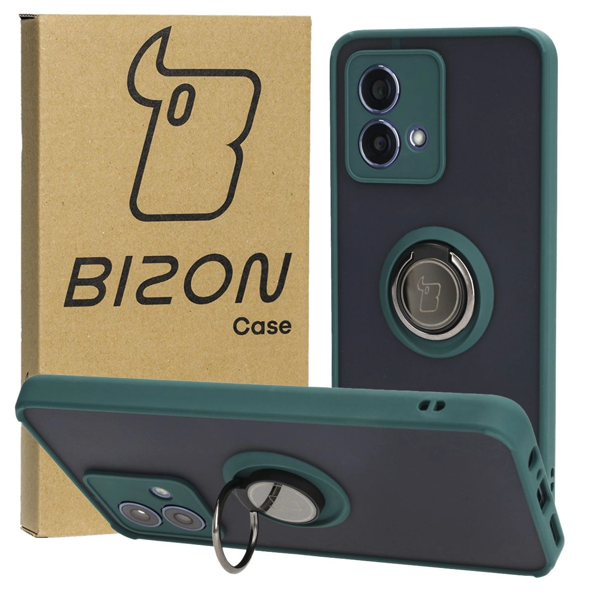 Etui Bizon z uchwytem na palec Hybrid Ring do Motorola Moto G84 5G Przydymione z ciemnozieloną ramką
