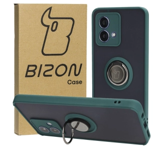 Etui Bizon z uchwytem na palec Hybrid Ring do Motorola Moto G84 5G Przydymione z ciemnozieloną ramką