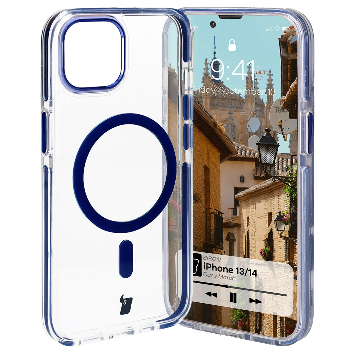 Etui Bizon Marco z MagSafe do iPhone 14/13 Przezroczyste z niebieską ramką