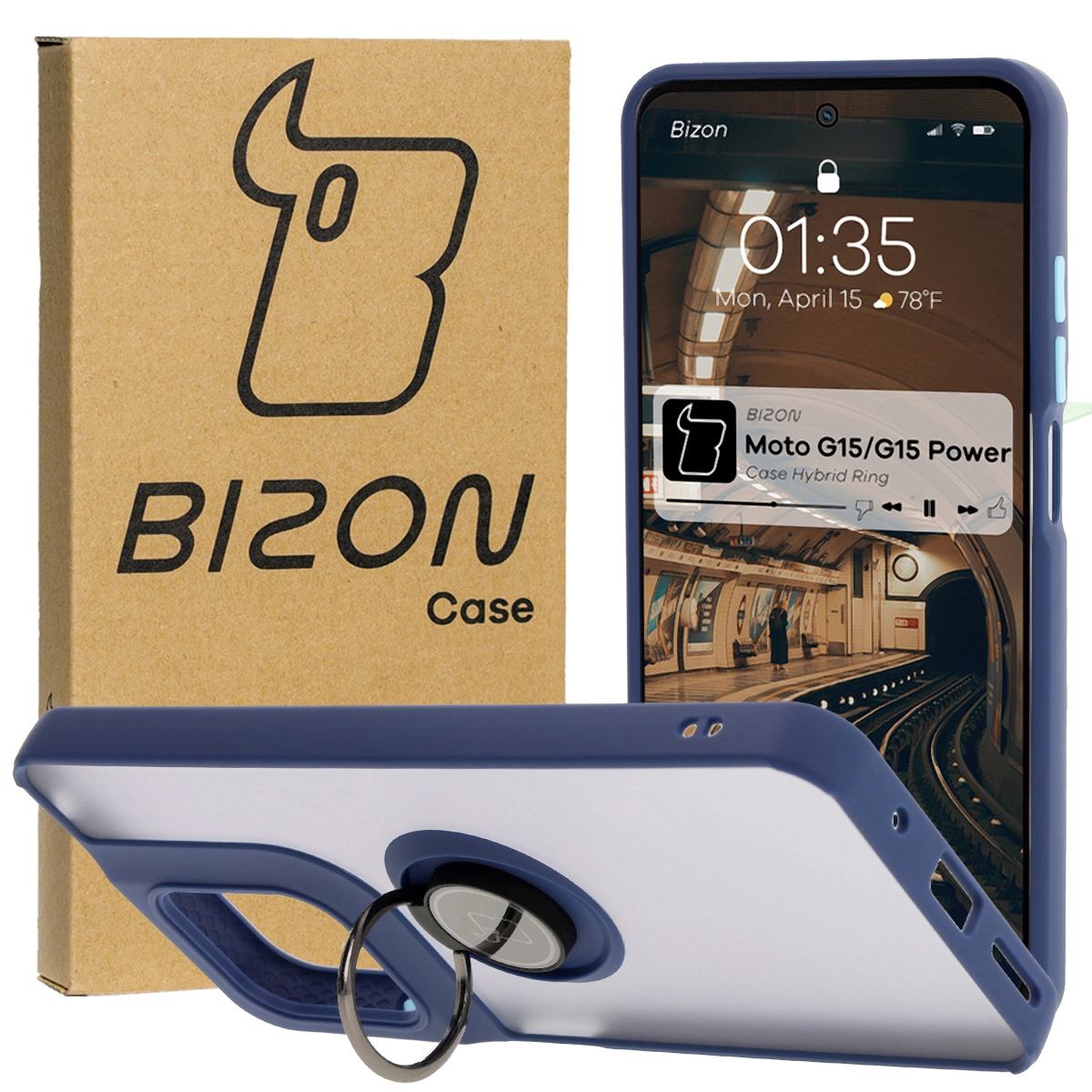 Etui Bizon z uchwytem na palec Hybrid Ring do Motorola Moto G15 /  G15 Power Przydymione z granatową ramką