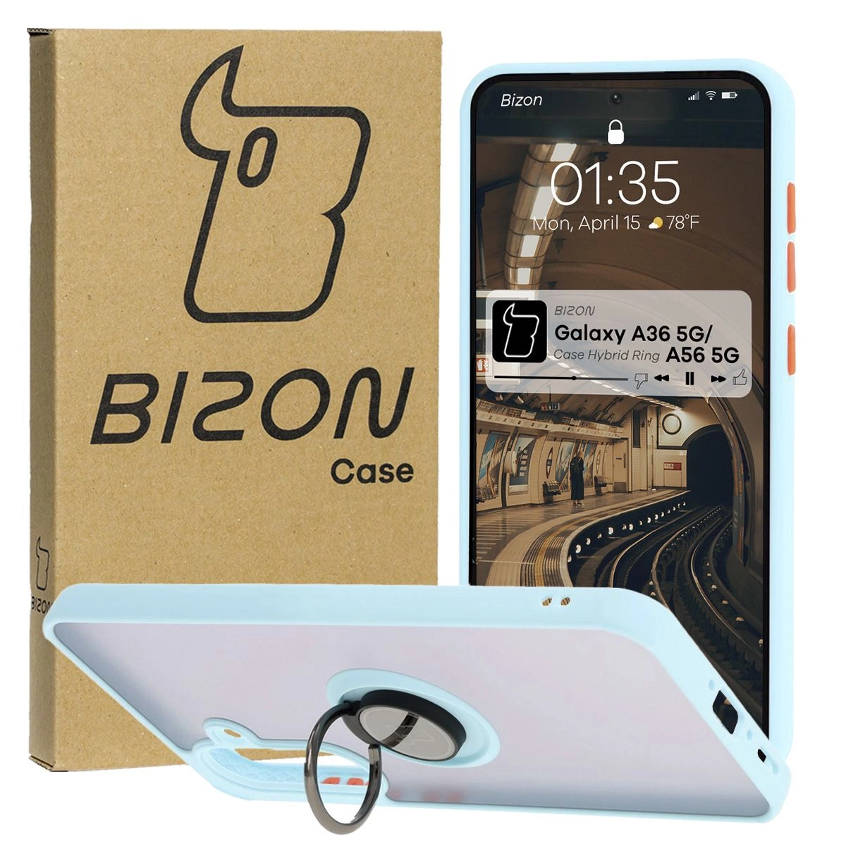Etui Bizon z uchwytem na palec Hybrid Ring do Galaxy A36 5G / A56 5G Przydymione z jasnoniebieską ramką