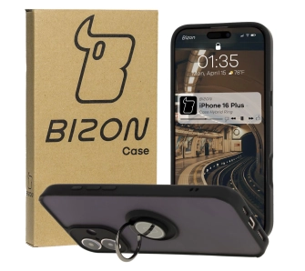 Etui Bizon z uchwytem na palec Hybrid Ring do iPhone 16 Plus Przydymione z czarną ramką