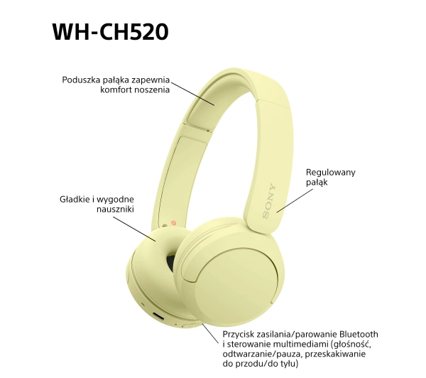 Sony WH-CH520 Nauszne Bluetooth 5.2 Żółty - ⚡ BESTSELLERY ⚡