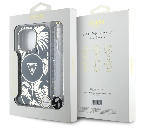 Guess Palm Trees Triangle Pearl Strap MagSafe do iPhone 16 Pro Czarny
