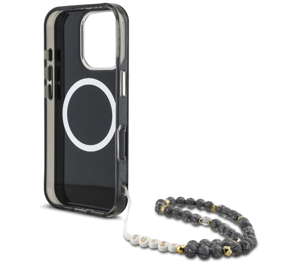 Guess Palm Trees Triangle Pearl Strap MagSafe do iPhone 16 Pro Czarny