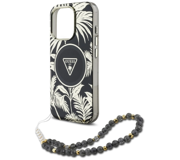 Guess Palm Trees Triangle Pearl Strap MagSafe do iPhone 16 Pro Czarny