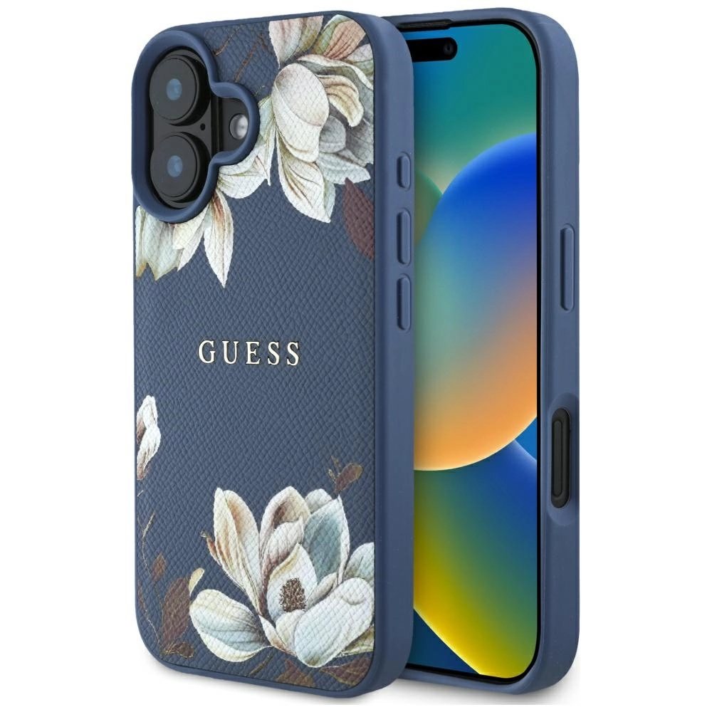 Etui Guess Grained Printed Flower Pattern MagSafe do iPhone 16 Niebieski