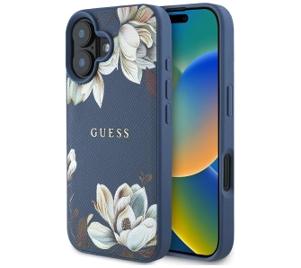 Etui Guess Grained Printed Flower Pattern MagSafe do iPhone 16 Niebieski