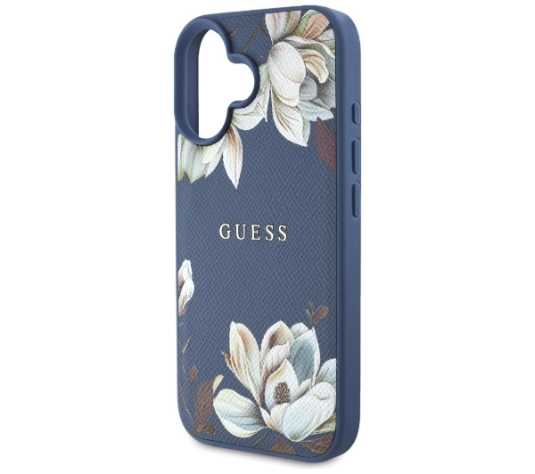 Guess Grained Printed Flower Pattern MagSafe do iPhone 16 Niebieski