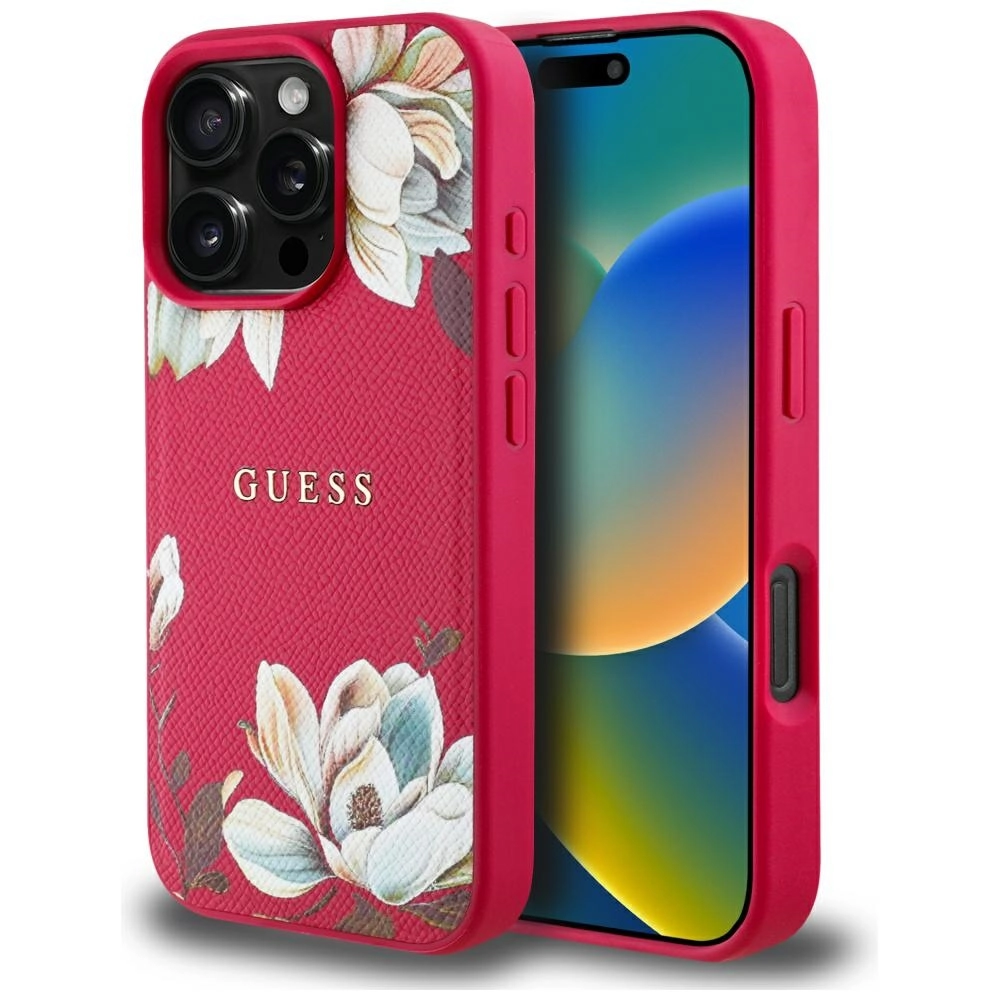Etui Guess Grained Printed Flower Pattern MagSafe do iPhone 16 Pro Fuksja